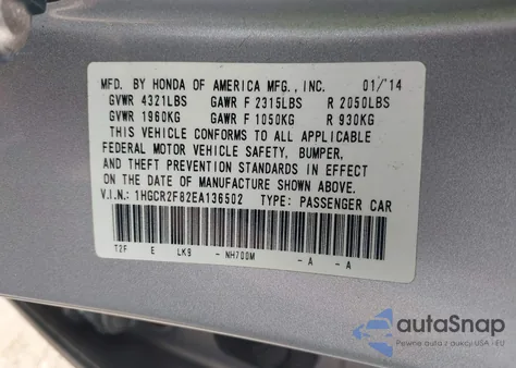 2014 Honda Accord Ex-L из США, поврежденный, VIN 1HGCR2F82EA136502
